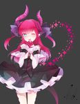  blue_eyes detached_sleeves elizabeth_bathory_(fate) elizabeth_bathory_(fate)_(all) fate/extra fate/extra_ccc fate_(series) highres horns komame_yuzu long_hair one_eye_closed pink_hair pointy_ears solo sparkle tail two_side_up 