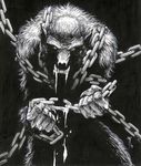  angry anthro broke_chain canine chain claws comic fangs fist looking_at_viewer male mammal monochrome muscles nude pose prisoner saliva sharp_teeth solo teeth unknown_artist were werewolf 