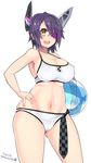 ball beachball bikini blush breasts checkered checkered_neckwear covered_nipples dated eyepatch hand_on_hip headgear highres holding holding_ball kantai_collection kuro_chairo_no_neko large_breasts looking_to_the_side navel necktie open_mouth purple_hair short_hair simple_background solo swimsuit tenryuu_(kantai_collection) thighs twitter_username white_background yellow_eyes 