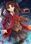 blue_eyes bow brown_hair fate/stay_night fate_(series) hair_ribbon highres jacket k_ptn long_hair pantyhose red_jacket ribbon sketch solo toosaka_rin two_side_up 