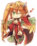  ;) bird_wings black_legwear blush chibi china_dress chinese_clothes dress feathered_wings green_eyes heart leg_up leilan_(p&amp;d) long_hair one_eye_closed orange_hair oyu_(frypandepan) puzzle_&amp;_dragons red_dress side_ponytail simple_background smile solo thighhighs very_long_hair white_background wings 