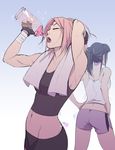  alternate_hairstyle ass bike_shorts black_hair bottle camisole drinking facial_mark fingerless_gloves forehead_mark gloves groin hand_in_hair hand_wraps hands_on_hips haruno_sakura hyuuga_hinata midriff mike_nesbitt multiple_girls naruto naruto_(series) navel pink_hair ponytail short_hair shorts sweat toned towel towel_around_neck water_bottle 