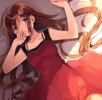  brown_hair dress long_hair looking_at_viewer lying on_back original purple_eyes red_dress shigure_ui 