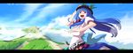  :d blue_hair blush cloud day food fruit hand_on_headwear hat highres hinanawi_tenshi landscape letterboxed long_hair mountain open_mouth peach red_eyes smile solo takuzui touhou 