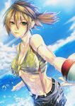  breasts cloud clouds green_eyes huge_breasts kasumi_(pokemon) lowres midriff misty orange_hair overalls poke_ball pokeball pokemon pokemon_(anime) shorts skinny sky water wet 