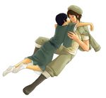  2boys axis_powers_hetalia beret black_hair brown_hair eye_contact footwear greece_(hetalia) green_eyes hat japan_(hetalia) japanese_clothes kimono looking_at_another male male_focus military military_uniform multiple_boys socks uniform yaoi yukata 