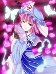  bug butterfly fan flower hat insect japanese_clothes kimono pink_hair red_eyes saigyouji_yuyuko short_hair solo touhou tri 