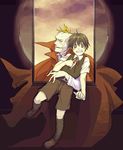  black_hair bow brown_eyes cape cross darren_shan full_moon highres hug hug_from_behind hys122211 larten_crepsley moon multiple_boys necktie orange_eyes red_hair short_hair smile the_saga_of_darren_shan vampire window 