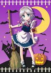  blue_eyes braid broom futari_no_ana hairband halloween izayoi_sakuya jack-o'-lantern maid ootaka_narumi pumpkin purple_background ribbon short_hair silver_hair solo touhou twin_braids 