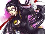  bayonetta bayonetta_(character) beauty_mark black_hair bodysuit breasts cleavage cleavage_cutout earrings glasses green_eyes jewelry long_hair mole red_ribbon ribbon roken_brushwood tsuneaki_(dosnan) very_long_hair wink 