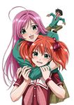  2girls ahoge akashiya_moka aono_tsukune artist_request blood fang green_eyes green_shirt highres long_hair multiple_girls nosebleed open_mouth pink_hair rosario+vampire shirt shuzen_kokoa twintails 