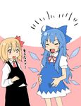  alexa_mahone alternate_hair_length alternate_hairstyle bad_id bad_pixiv_id blonde_hair blue_hair bow cirno fang hair_bow is_that_so long_hair multiple_girls pregnant rumia short_hair touhou wings 