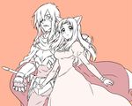  1girl animal_ears armor blush cape cat_ears circlet claws couple dress fangs hetero long_hair matsukaze_yukiji oversized_limbs smile sword tengen_toppa_gurren_lagann tengen_toppa_gurren_lagann:_parallel_works tsuuma viral weapon 