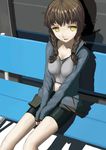 amane_suzuha bench bike_shorts braid breast_squeeze breasts brown_hair highres jacket large_breasts long_hair midriff mocha_(snowflake) navel pale_skin ringed_eyes sitting sleeves_past_wrists solo steins;gate track_jacket twin_braids unzipped yellow_eyes 