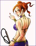  dragon_quest dragon_quest_viii earrings jessica_albert jewelry looking_back lowres magic_bikini_(dq) red_eyes red_hair solo twintails whip 