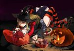  animal_ears between_legs blue_eyes brown_hair candy cat_ears food hair_bobbles hair_ornament halloween hat jack-o'-lantern lying mammon mouth_hold multiple_girls pumpkin red_eyes red_hair skirt stakes_of_purgatory striped striped_legwear thighhighs toritori umineko_no_naku_koro_ni ushiromiya_ange witch_hat yuri zettai_ryouiki 