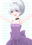  :d armpits arms_up choker darker_than_black dress happy open_mouth outstretched_arms purple_dress purple_eyes silver_hair smile solo spread_arms striped striped_background tooya_(gin'iro_koubou) yin 
