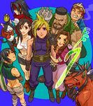  3girls 4boys aerith_gainsborough barret_wallace black_eyes black_hair blonde_hair blue_eyes brown_eyes brown_hair cait_sith cat cid_highwind cigarette cloud_strife dark_skin dress everyone final_fantasy final_fantasy_vii goggles green_eyes gun isaki isaki_(pixiv609148) long_hair multiple_boys multiple_girls pants pink_ribbon red_xiii ribbon short_hair skirt spiked_hair spiky_hair square_enix suspenders tank_top tanktop tifa_lockhart vincent_valentine weapon yuffie_kisaragi 