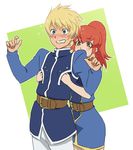  1girl blonde_hair blue_eyes blush chastel_aiheap flynn_scifo hanosuke ponytail red_hair role_reversal tales_of_(series) tales_of_vesperia uniform yellow_eyes 