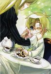  1girl absurdres ada_clover ahoge artist_request blazblue blonde_hair blue_eyes brother_and_sister carl_clover cup food glasses highres one_eye_closed round_eyewear siblings table tea teacup wrist_cuffs 