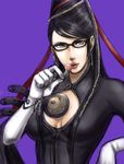  bayonetta bayonetta_(character) beauty_mark black_hair blue_eyes bodysuit breasts candy chains cleavage cleavage_cutout earrings glasses hair_bun jewelry lollipop long_hair mame_sora mole red_ribbon ribbon soramame_(minimum) very_long_hair 