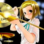  absurdres avedis_zildjian_company brown_eyes brown_hair cymbals drumsticks hairband highres instrument k-on! nokiguchi_chika product_placement school_uniform short_hair solo tainaka_ritsu 