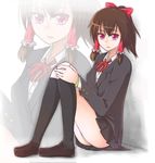  alternate_costume bad_id bad_pixiv_id black_legwear brown_hair contemporary hakurei_reimu highres ibuki_notsu kneehighs panties pantyshot pantyshot_(sitting) red_eyes school_uniform sitting skirt socks solo touhou underwear zoom_layer 