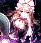 an2a blonde_hair breasts cleavage embellished_costume fan frills gloves hat highres lace large_breasts long_hair red_eyes ribbon scan smile solo touhou yakumo_yukari 