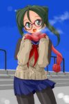  cardigan glasses original pantyhose scarf school_uniform serafuku shino_(pharmacy) skirt solo twintails 