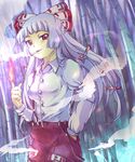  bad_id bad_pixiv_id bamboo bamboo_forest bow cigarette dress_shirt fire forest fujiwara_no_mokou hair_bow hair_ribbon hands_in_pockets highres hime_cut long_hair nature ofuda pants pointing red_eyes ribbon shirt silver_hair smirk smoke smoking solo suspenders touhou tsurime yuuyuu_(yuko) 