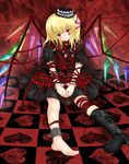  ankle_cuffs bad_id bad_pixiv_id barefoot blonde_hair cuffs feet flandre_scarlet foreshortening handcuffs hat legs nekokotei one_side_up ponytail red_eyes shoes short_hair single_shoe solo touhou wings 