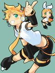  aqua_eyes blonde_hair brother_and_sister detached_sleeves fumi_aki hair_ribbon headphones kagamine_len kagamine_rin midriff namekata_fumiaki ribbon short_hair siblings simple_background vocaloid 