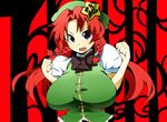  blue_eyes braid breasts china_dress chinese_clothes dress fang hat hong_meiling huge_breasts long_hair red_hair solo toudori touhou twin_braids 