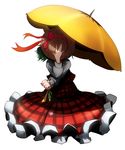  covering_face green_hair hat hat_ribbon kazami_yuuka no_legs plaid plaid_skirt plaid_vest ribbon shade short_hair simple_background sitting skirt skirt_set solo straw_hat tora_(trampjing) touhou umbrella vest white_background 