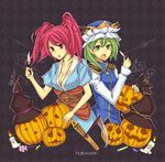  breasts candle cleavage green_eyes green_hair hair_bobbles hair_ornament hat jack-o'-lantern kiyuren knife large_breasts multiple_girls onozuka_komachi pumpkin red_eyes red_hair rod_of_remorse scythe shiki_eiki short_hair touhou two_side_up witch_hat 