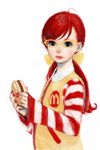  ahoge censored cosplay fake_censor fingernails food glasses green_eyes hamburger lips long_hair mcdonald's mole mosaic_censoring nail_polish pon red_hair ronald_mcdonald ronald_mcdonald_(cosplay) solo striped 