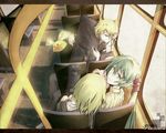  2girls aqua_eyes aqua_hair bad_id bad_pixiv_id blonde_hair digital_media_player from_above guitar_case hatsune_miku headphones instrument_case ipod irena kagamine_len kagamine_rin long_hair multiple_girls short_hair sitting twintails vocaloid 