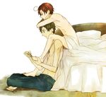  2boys ahoge axis_powers_hetalia barefoot bed bed_sheet blanket brown_hair cross denim jeans jewelry male male_focus multiple_boys nail_clippers necklace nude pants red_hair redhead sheets sitting southern_italy_(hetalia) spain_(hetalia) topless yaoi 