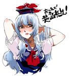  blue_hair brown_eyes hat kamishirasawa_keine lips long_hair mitsumoto_jouji sketch solo touhou translated 