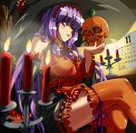  candle detached_sleeves dream_c_club dream_c_club_(series) eyepatch hat hiropon_pj long_hair mari_(dream_c_club) purple_eyes purple_hair skull solo thighhighs witch_hat 