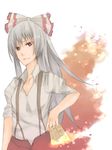  aira_(endless5515) bow fire fujiwara_no_mokou hair_bow hair_ribbon long_hair ofuda red_eyes ribbon shirt silver_hair simple_background sleeves_rolled_up smile solo suspenders touhou white_shirt yin_yang 