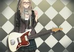  blonde_hair brown_eyes checkered checkered_background cigarette glasses guitar instrument jacket jewelry miz necklace original plaid plaid_skirt scarf skirt solo 