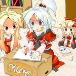  ahoge bad_id bad_pixiv_id bakenekomata blonde_hair blue_eyes box child elis_(touhou) hands long_hair mikan_box multiple_girls ponytail red_eyes sariel shinki short_hair silver_hair touhou touhou_(pc-98) 