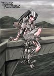  aircraft airplane armor black_hair cloud genderswap highres jet mecha_musume mountain personification red_eyes saigo_no_shito solo starscream transformers twintails water 