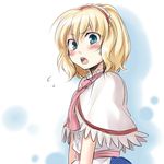  alice_margatroid blonde_hair blue_eyes blush capelet flying_sweatdrops hairband looking_at_viewer mokku open_mouth short_hair solo touhou upper_body 