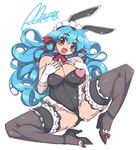  animal_ears bad_id bad_pixiv_id blue_hair blush bow breasts bunny_ears bunny_girl bunnysuit choker cleavage eyebrows frills full_body gloves groin hair_ribbon hands_on_own_chest headdress heart high_heels large_breasts long_hair lying mel/a melmaid muscle on_back open_mouth original plump red_eyes ribbon shoes simple_background sketch smile solo spread_legs thick_thighs thighhighs thighs white_gloves 