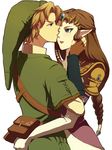  1girl adjusting_hair ass ass_grab blue_eyes braid brown_hair couple dress elbow_gloves face-to-face gauntlets glaring gloves grabbing_another's_ass groping hat hetero hug kiss link long_hair o-yuki pointy_ears princess princess_zelda royal simple_background source_request the_legend_of_zelda the_legend_of_zelda:_twilight_princess tiara tunic 