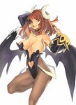  arms_up bare_shoulders bat_wings breasts choker covered_nipples demon_girl detached_sleeves hand_behind_head heart_cutout horns la_pucelle large_breasts leg_up maou_prier pantyhose parted_lips prier red_eyes red_hair revealing_clothes simple_background smile solo umadaisuki white_background wings 