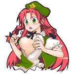  blush braid breasts bursting_breasts china_dress chinese_clothes dress green_eyes hat hiro_(h-net) hong_meiling large_breasts long_hair popped_button red_hair solo touhou twin_braids 