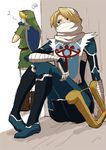  1girl androgynous bandages blonde_hair braid fairy harp hat instrument link long_hair mask navi o-yuki ocarina pointy_ears red_eyes reverse_trap sheik shield surcoat the_legend_of_zelda the_legend_of_zelda:_ocarina_of_time 
